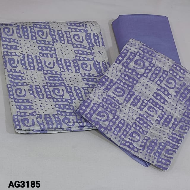 CODE AG3185 : Lavender  Pure Premium Cotton Unstitched salwar material (thin fabric, lining needed) Wax Batik design all over, Matching drum dyed pure Cotton Bottom, Mul Cotton Dupatta
