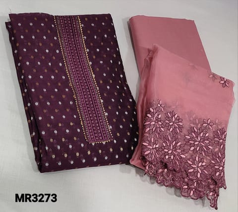 CODE MR3273 : Dark Beetroot Purple Silk cotton Unstitched Salwar material(thin fabric, requires lining ) Simple yoke,thread and zari woven buttas all over, Pink cotton bottom,Fancy Organza Dupatta with embroidery and cutwork edges
