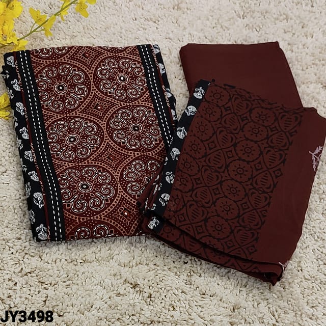 CODE JY3498 : Black printed Pure Soft cotton  unstitched Salwar material(soft fabric, lining needed) ajrak block printed yoke patch highlighted kantha stitch work and real mirror detailing, Maroon Cotton Bottom, printed soft mul cotton dupatta