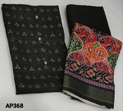 CODE AP368 : Black Semi Gicha unstitched Salwar material( textured fabric requires lining ) with simple yoke,matching silk cotton bottom,Patola printed multicolored fancy soft silk dupatta with zari weaving borders(requires tapings)