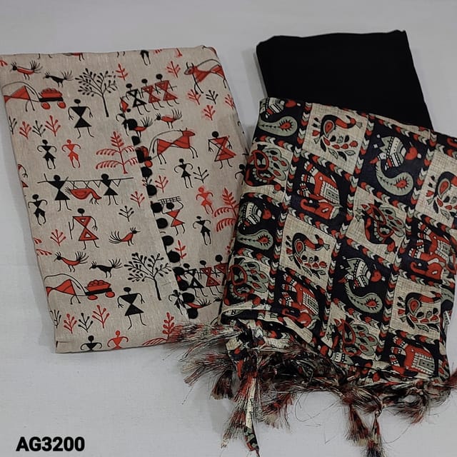 CODE AG3200 : Beige Base Warli Printed Jute Cotton unstitched Salwar material(soft fabric, lining optional) with potli buttons on yoke, printed all over, Black Cotton Bottom, printed Art Silk Dupatta with tapings