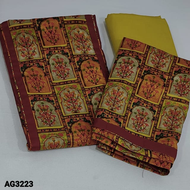 CODE AG3223 : Maroon Slub Cotton unstitched Salwar material(Soft fabric, lining optional ) Art silk patch work on yoke, Fenugreek Yellow Cotton Bottom, printed fancy art silk dupatta with tapings