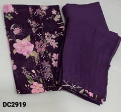 CODE DC2919 : Premium Floral Printed Purple Linen unstitched Salwar material(thin fabric requires lining) with thread and foil work on yoke, matching santoon bottom,  thread and sequence work on silk cotton dupatta with tapings.