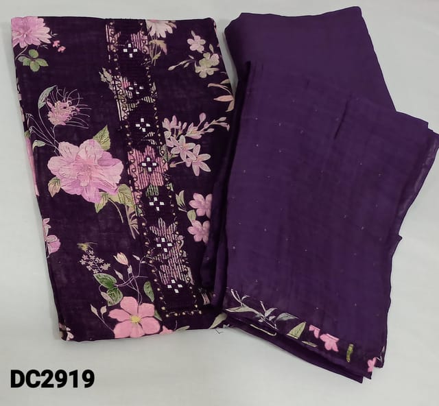CODE DC2919 : Premium Floral Printed Purple Linen unstitched Salwar material(thin fabric requires lining) with thread and foil work on yoke, matching santoon bottom,  thread and sequence work on silk cotton dupatta with tapings.