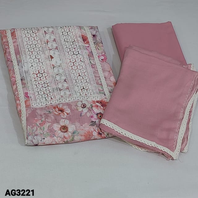 CODE AG3221 : Pastel Pink Floral Printed Premium Linen unstitched Salwar material(soft fabric, lining needed) panel design on embroidery work on yoke, embroidered and cut work edges on daman, Matching Cotton Bottom, chiffon dupatta with tapings