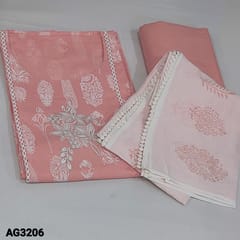 CODE AG3206 : Pastel Pink Premium Soft Cotton Unstitched Salwar material (soft fabric, lining needed) round neck, embroidery work on yoke, Block printed all over, Matching fabric provided for lining, NO BOTTOM, Dual shaded Block printed Soft premium mul cotton dupatta with lace tapings