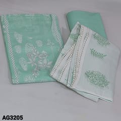 CODE AG3205 : Pastel Blue  Premium Soft Cotton Unstitched Salwar material (soft fabric, lining needed) round neck, embroidery work on yoke, Block printed all over, Matching fabric provided for lining, NO BOTTOM, Dual shaded Block printed Soft premium mul cotton dupatta with lace tapings