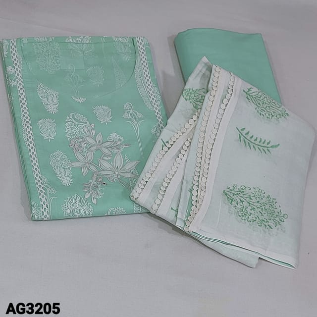 CODE AG3205 : Pastel Blue  Premium Soft Cotton Unstitched Salwar material (soft fabric, lining needed) round neck, embroidery work on yoke, Block printed all over, Matching fabric provided for lining, NO BOTTOM, Dual shaded Block printed Soft premium mul cotton dupatta with lace tapings