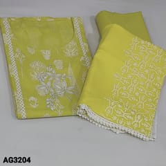CODE AG3204 : Pastel Yellow Premium Soft Cotton Unstitched Salwar material (soft fabric, lining needed) round neck, embroidery work on yoke, Block printed all over, Matching fabric provided for lining, NO BOTTOM, Dual shaded Block printed Soft premium mul cotton dupatta with lace tapings
