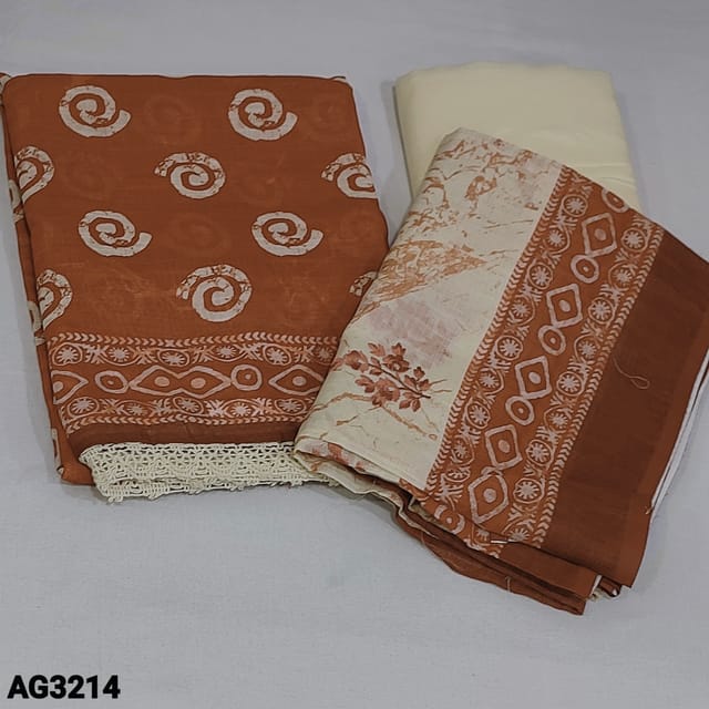 CODE AG3214 : Light Brown Shade Linen Cotton unstitched Salwar material(texture fabric, lining needed) Wax batik design on all over, printed border and lace tapings daman, Ivory thin Silky Bottom, printed embroidery work on linen cotton dupatta