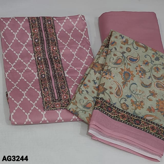 CODE AG3244 : Pastel Pink  Satin cotton unstitched Salwar material(texture, soft fabric, lining needed) digital printed yoke patch and faux mirror detailing, printed all over, Matching Soft spun cotton Bottom, printed mixed cotton dupatta