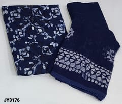 CODE JY3176 : Designer Navy Blue base Wax batik dyed Premium Cotton unstitched salwar material (soft fabric, lining needed) applique work done on all over, Matching Cotton Bottom, Indigo blue pure chiffon dupatta