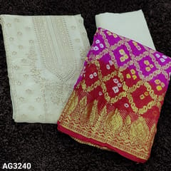 CODE AG3240 : Designer Half White Pure Dola Silk Cotton Unstitched salwar material(soft and silky fabric, lining needed) rich benerasi woven yoke and buttas frontside, Matching Santoon Bottom, Pink and Reddish Maroon bhandhini tie and die fancy silk dupatta and benerasi woven with tapings