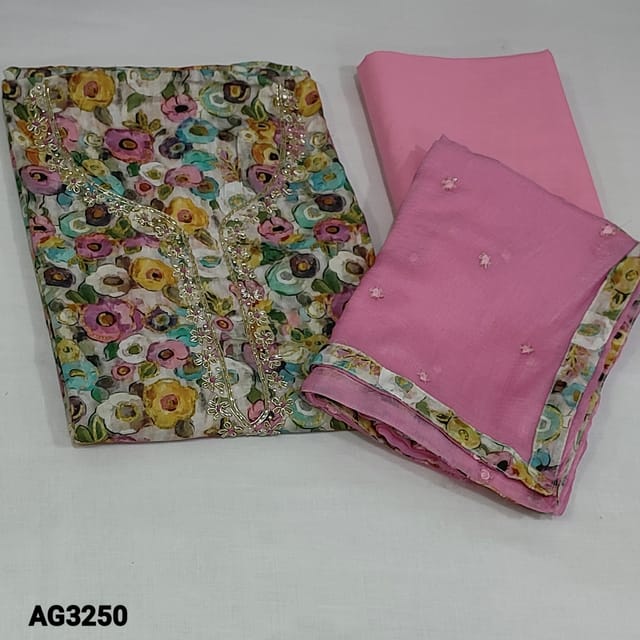 CODE  AG3250 : MultiColor Printed Pure Soft Cotton Unstitched salwar material (thin fabric, lining optional) zardozi, cut bead work and French knot dealing on yoke, Pastel Pink Cotton Bottom, embroidery and sequins work on chiffon dupatta with tapings