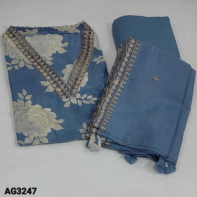 CODE AG3247 : Designer Bluish Grey Pure Masleen Silk unstitched Salwar material(thin fabric, lining needed) Collared V neck highlighted with zari and sequins work on yoke, Floral printed all over, Matching Santoon Bottom, soft silk cotton dupatta and zari and sequins work cut work edges