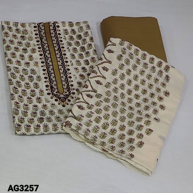 CODE AG3257 : Light Beige Base Pure Soft Kota Cotton unstitched Salwar material(soft fabric, lining needed) with embroidery work on yoke, Block Printed all over, Yellow Cotton Bottom, Block Printed pure mul cotton dupatta