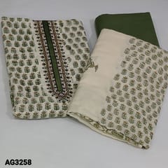 CODE AG3258 : Light Beige Base Pure Soft Kota Cotton unstitched Salwar material(soft fabric, lining needed) with embroidery work on yoke, Block Printed all over, Green Cotton Bottom, Block Printed pure mul cotton dupatta