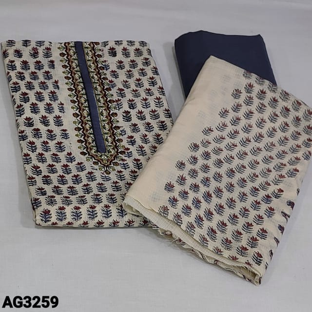 CODE AG3259 : Light Beige Base Pure Soft Kota Cotton unstitched Salwar material(soft fabric, lining needed) with embroidery work on yoke, Block Printed all over, Blue Cotton Bottom, Block Printed pure mul cotton dupatta