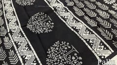 CODE WS681 : Black soft mul cotton saree with coconut tree block prints all over, hand block printed pallu and plain black running blouse.