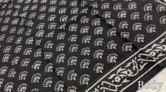 CODE WS682 : Black soft mul cotton saree with traditional block prints all over, hand block printed pallu and plain black running blouse with borders.