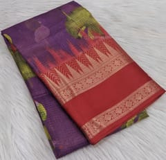 CODE WS706: Beetroot purple pure kota silk saree with beautiful lotus digital prints all over, contrast red gap borders with antique gold zari woven designs, contrast pallu with zari lines,printed running blouse with gap borders.