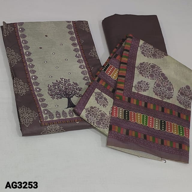 CODE AG3253 : Mauve Shade Soft cotton unstitched Salwar material(texture, soft fabric, lining optional) Digital printed yoke patch with tree printed and faux mirror work, rangoli pattern printed all over, Soft Spun Cotton Bottom, digital printed silk cotton