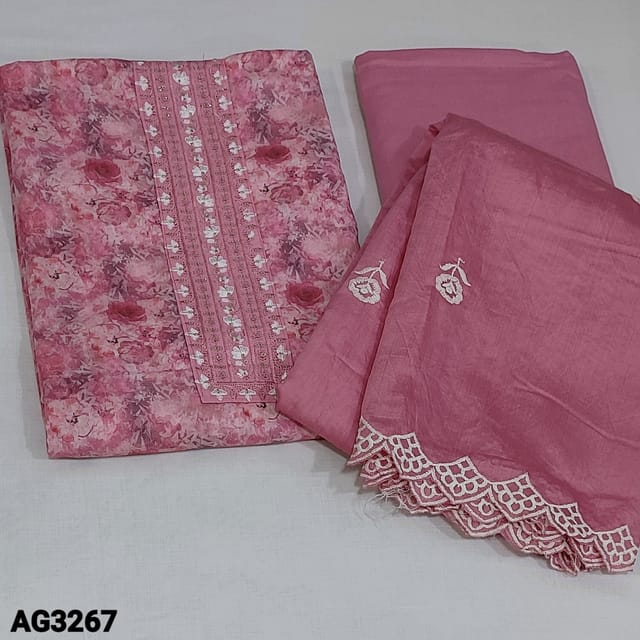 CODE AG3267 : Pastel Pink Floral Printed Premium Soft glazed cotton unstitched Salwar material(thin, soft fabric, lining optional) with zari and sequins work on yoke, Matching thin  fabric provided which can be used as a lining or bottom, soft silk cotton dupatta with embroidered and cut work edges