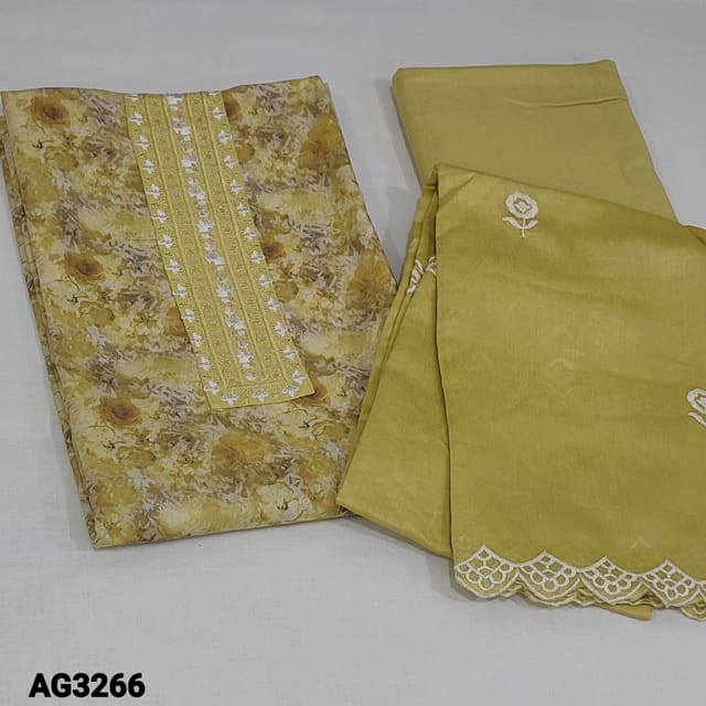 CODE AG3266 : Pastel Yellow Floral Printed Premium Soft glazed cotton unstitched Salwar material(thin, soft fabric, lining optional) with zari and sequins work on yoke, Matching thin  fabric provided which can be used as a lining or bottom, soft silk cotton dupatta with embroidered and cut work edges