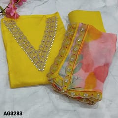 CODE AG3283 : Designer Bright Yellow Pure Organza Silk unstitched Salwar material(soft and light weight , lining needed) V neck highlighted with real mirror and sequins detailing  on yoke, Matching Santoon Bottom, Floral printed pure organza dupatta with zari, sequins and cut work edges
