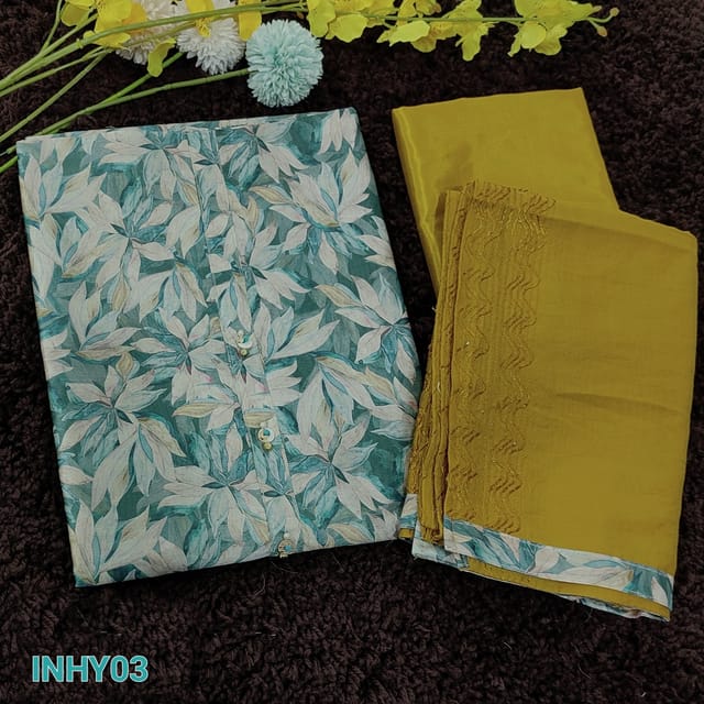 CODE INHY03 : Teal Blue Floral Printed Silk Cotton Unstitched Salwar material(shiny, thin fabric, lining included) with fancy buttons on yoke, Contrast thin Silky Bottom, embroidery and sequins work on soft silk cotton dupatta and tapings