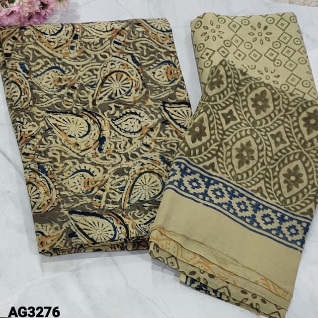CODE AG3276 : Kalamkari Block Printed Light Olive Green Base Pure Cotton unstitched Salwar material(thick fabric, lining optional) block printed Cotton Bottom, Block printed Mul Cotton dupatta with tapings