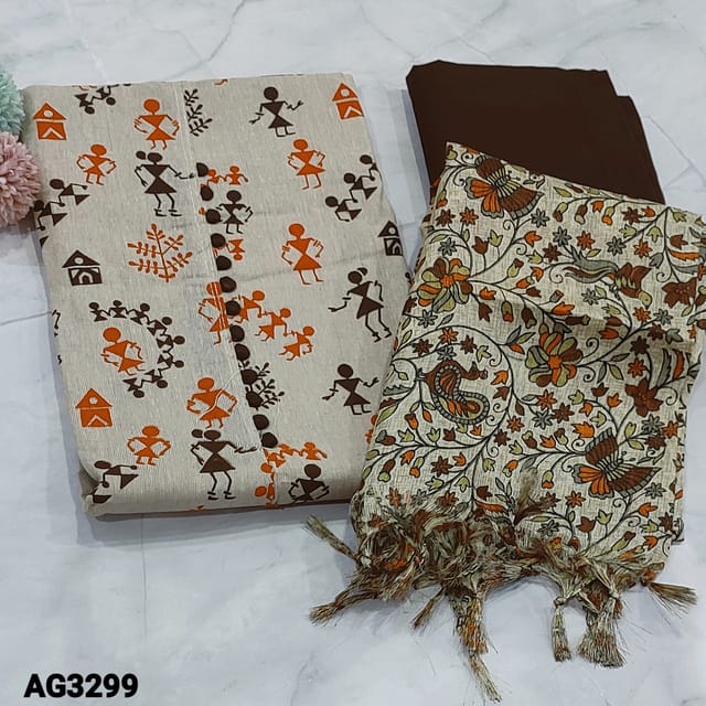 CODE AG3299 : Beige Base Warli Printed Jute Cotton unstitched Salwar material(soft fabric, lining optional) with potli buttons on yoke, printed all over, Dark Brown Cotton Bottom, printed Art Silk Dupatta with tapings