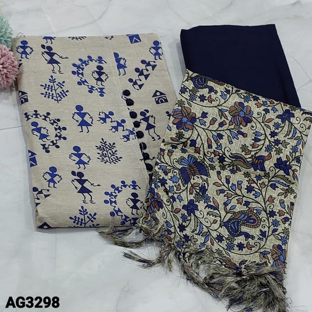 CODE AG3298 : Beige Base Warli Printed Jute Cotton unstitched Salwar material(soft fabric, lining optional) with potli buttons on yoke, printed all over, Navy Blue Cotton Bottom, printed Art Silk Dupatta