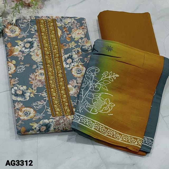 CODE AG3312 : Grey Floral printed Premium Pure Cotton Unstitched salwar material (thick fabric, lining optional) with embroidery work yoke, Honey Brown Cotton Bottom, Dual shade Block printed mul cotton dupatta