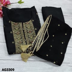 CODE AG3309 : Designer Black Pure Organza unstitched Salwar material(light weight, thin fabric, lining needed) round neck, benerasi weaving with menakari weaving on yoke, zari woven buttas frontside, Matching Santoon Bottom, sequins work on pure organza dupatta with gota lace tapings