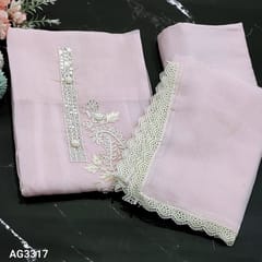 CODE  AG3317 : Pastel Pink Fancy Premium Kota Unstitched Salwar material(light weight, thin fabric, lining needed) tiny pearl bead, cut bead and faux mirror detailing work on yoke, Matching Santoon Bottom, lace detailing work on gota silk cotton dupatta with fancy lace tapings