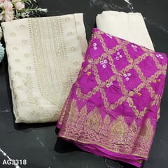 CODE AG3318 : Designer Ivory Pure Dola Silk Cotton Unstitched salwar material(soft and silky fabric, lining needed) benerasi woven yoke, antic gold zari woven on frontside, Matching Santoon Bottom, Pink bhandhini tie and die fancy silk dupatta and benerasi woven with tapings