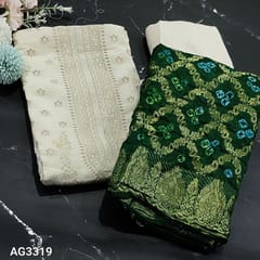 CODE AG3319 : Designer Ivory Pure Dola Silk Cotton Unstitched salwar material(soft and silky fabric, lining needed) benerasi woven yoke, antic gold zari woven on frontside, Matching Santoon Bottom, Bottle Green bhandhini tie and die fancy silk dupatta and benerasi woven with tapings