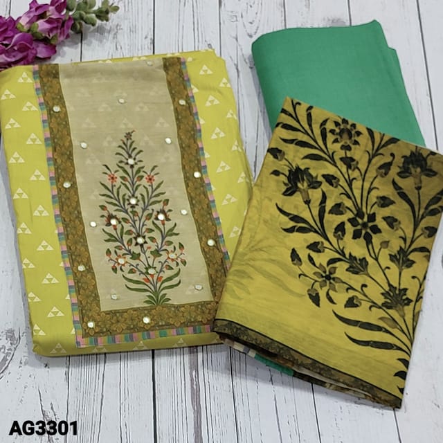 CODE AG3301 : Mehandhi Yellow Soft Cotton unstitched Salwar material(soft and smooth fabric lining optional) digital printed yoke patch with faux mirror on yoke, Printed all over, Green Spun Bottom, digital printed silk cotton dupatta