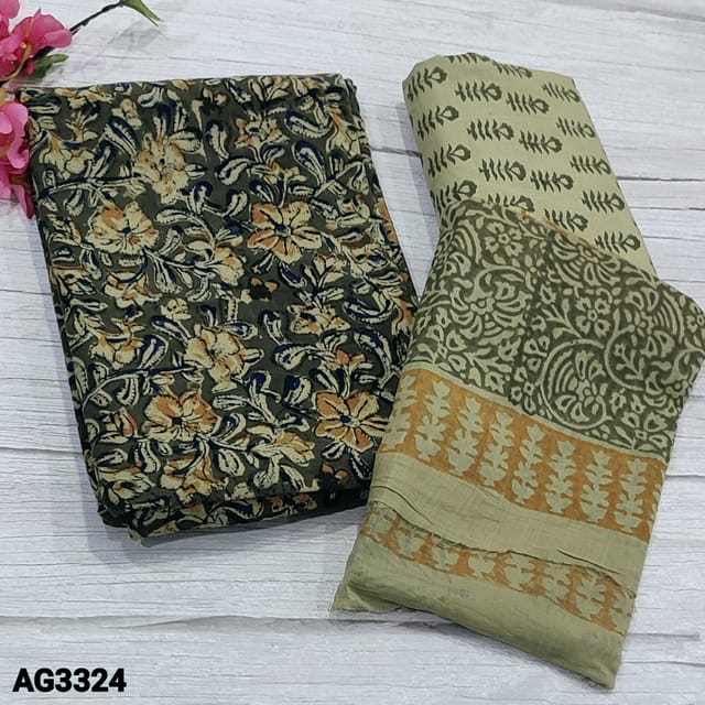 CODE AG3324 : Kalamkari Block Printed Dark Olive Green Base Pure Cotton unstitched Salwar material(thick fabric, lining optional) block printed Cotton Bottom, Block printed Mul Cotton dupatta with tapings