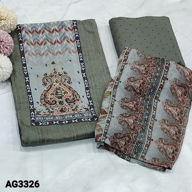 CODE AG3326 : Premium Dark Grey printed Soft cotton unstitched Salwar material(thin fabric, lining optional) Printed yoke highlighted with zardozi and sequins work, Printed cotton bottom , Digital printed pure chiffon dupatta