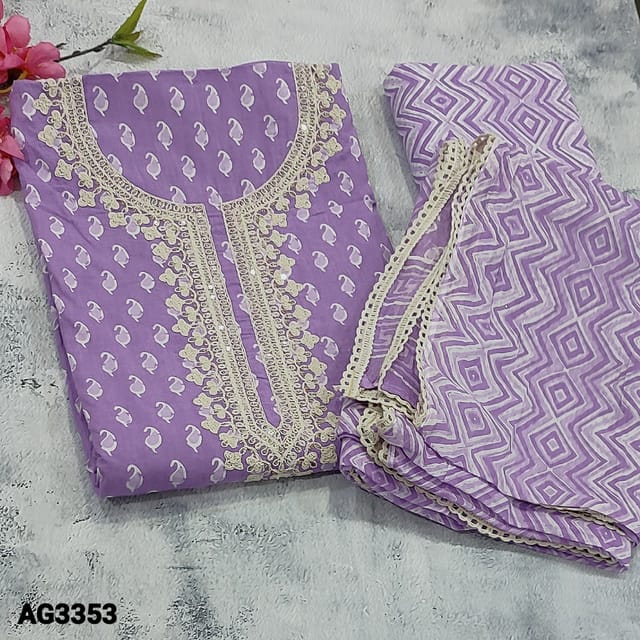 CODE AG3353 : Purple Printed Pure cotton unstitched Salwar material( thin fabric, lining optional) with thread and sequins work on yoke, Printed Cotton Bottom, printed pure mul cotton dupatta with tappings
