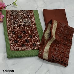 CODE AG3359 : Mossy Green Pure kantha cotton unstitched Salwar material(thin, soft fabric lining optional) contrast ajrak block printed patch on yoke with bead and sequins detaining, kantha stiches all over, Reddish Maroon Cotton Bottom, ajrak block printed mul cotton dupatta with zari weaving borders and tapings