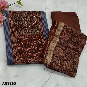 CODE AG3360 : Blue Pure kantha cotton unstitched Salwar material(thin, soft fabric lining optional) contrast ajrak block printed patch on yoke with bead and sequins detaining, kantha stiches all over, Reddish Maroon Cotton Bottom, ajrak block printed mul cotton dupatta with zari weaving borders and tapings