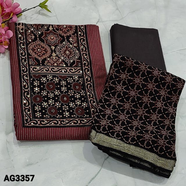 CODE AG3357: Maroon Pure kantha cotton unstitched Salwar material(thin, soft fabric lining optional) contrast ajrak block printed patch on yoke with bead and sequins detaining, kantha stiches all over, Black Cotton Bottom, ajrak block printed mul cotton dupatta with zari weaving borders and tapings