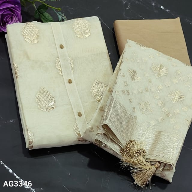 CODE AG3346 : Ivory Silk Cotton Unstitched Salwar material(Soft fabric, lining needed) with fancy buttons on yoke, antic gold zari woven buttas on frontside, Beige Silk Cotton Bottom, silk cotton dupatta with rich zari weaving buttas and borders