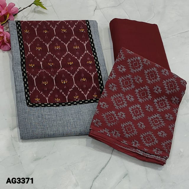 CODE AG3371: Bluish Grey Premium Soft Spun Cotton Unstitched Salwar material( Soft fabric, lining needed) with Dark Maroon ikat printed yoke patch with pearl bead and thread work and contract tapings, Dark Maroon Cotton Bottom, block printed pure mul cotton dupatta