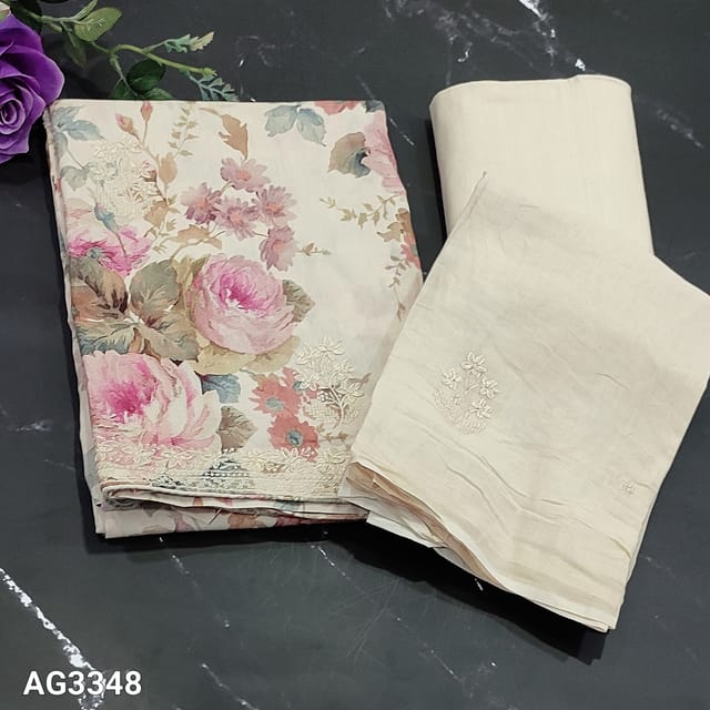 CODE AG3348 : Beige Base Pink Floral printed Fancy Silk Cotton Unstitched Salwar material(soft fabric, lining needed) with embroidery work on frontside, Matching fabric provided for lining, NO BOTTOM, Self embroidery work on Premium mul cotton dupatta
