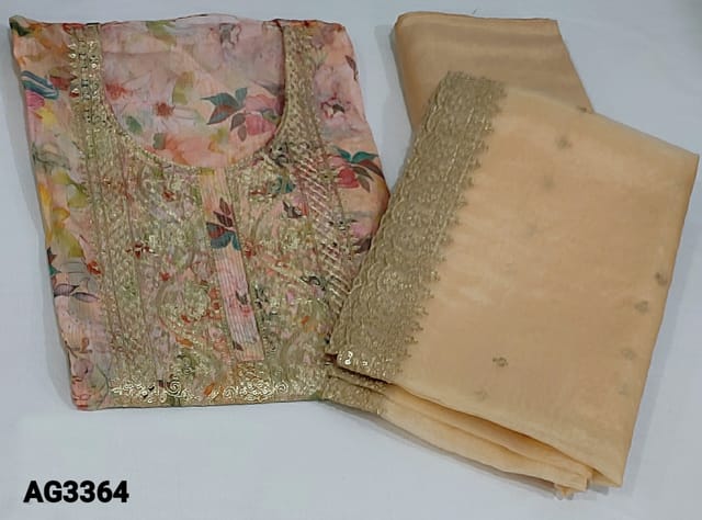 CODE AG3364 : Designer Pastel Peach Floral printed Organza unstitched salwar material(thin fabric, lining needed) with zari and sequence work on yoke, thin zari lines and gota lace taping on daman, Matching Santoon Bottom, Fancy organza dupatta with zari and sequins detailing with cut work edges