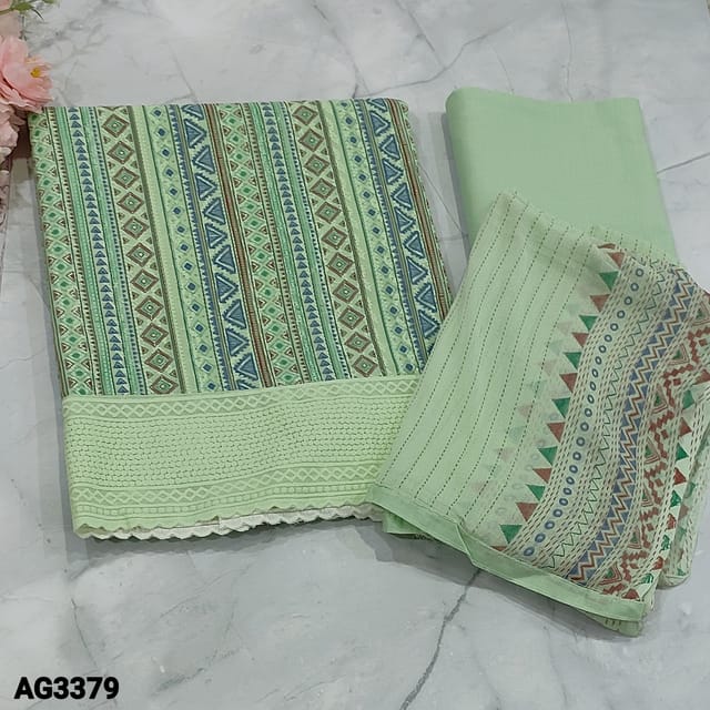 CODE AG3379 : Pastel Green Hakoba Cotton unstitched Salwar material(thin fabric,  lining needed) printed chikankari embroidery work on frontside, Matching Cotton Bottom, block printed chiffon dupatta